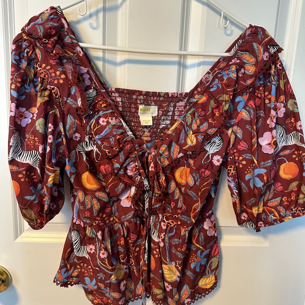 ANTHROPOLOGIE Animal and Floral Print 3/4 Sleeve Shirt